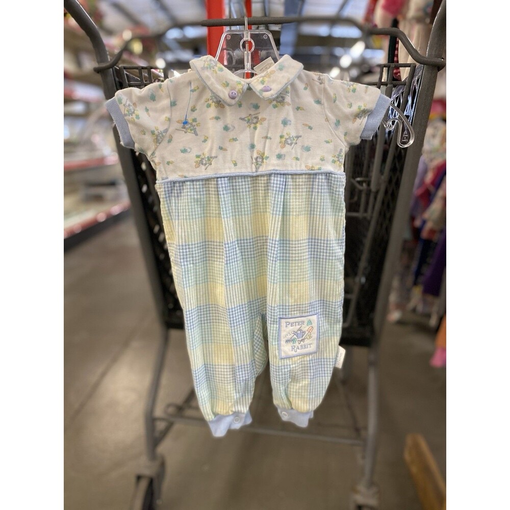 Vintage Peter Rabbit & Friends Baby Romper 6M F.W. & Co. Pastel Plaid One Piece